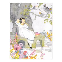A Nap on Garden Bench Under Cherry Tree Postcard