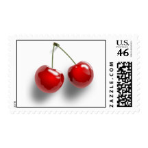 A Pair of Two Red Shinny Cherries on their Stem Stamp