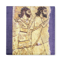 A plaque depicting two men walking magnet