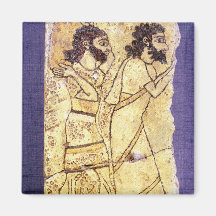 A plaque depicting two men walking magnet