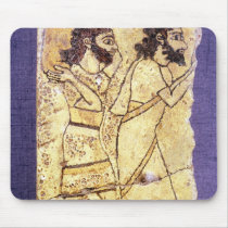 A plaque depicting two men walking mouse pads
