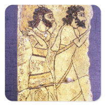 A plaque depicting two men walking square stickers