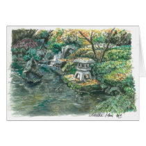A pond with a pagoda greeting card
