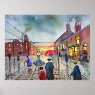a rainy day street scene painting poster
