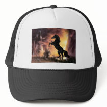 A rearing stallion at sunset trucker hats