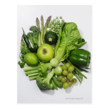 A selection of green fruits & vegetables. post card