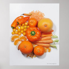 A selection of orange fruits & vegetables. print