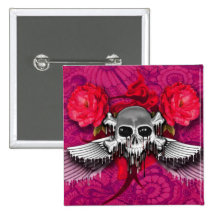 A Skull, Wings and Roses Button