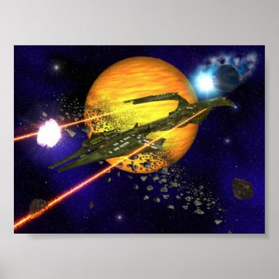 A spaceship clearing asteroids posters by Howard_Birnbaum