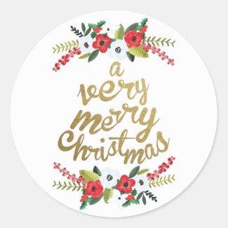 A Very Merry Christmas Floral Gold Classic Round Sticker