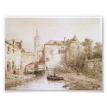 A view of a town with a bell tower