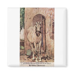 A White Horse In Front Of A Door Refrigerator Magnet