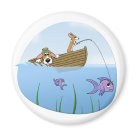 round_magnet - Great bit of dog humor for Father's day or any occasion! A father and son Pembroke Welsh Corgi are fishing in a lake - and apparently the puppy has hooked a big one! The rowboat is throwing a huge wake behind it as the purple fish drags them through the water, and the corgi puppy couldn't be more delighted! A smaller fish (the son) points and laughs at the daddy corgi, who is peering down anxiously into the water. Funny Pembroke Welsh Corgi magnet for pet owners. An original corgi animation by Susan Stoneman. All Rights Reserved.