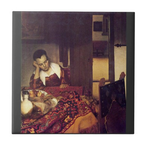 A woman asleep by Johannes Vermeer Ceramic Tile