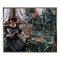 A Woman Reading near a Goldfish Tank posters