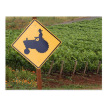 A yellow tractor crossing sign in the vineyard post cards