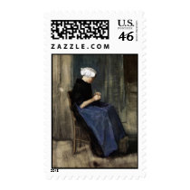 A Young Scheveningen Woman Knitting Postage Stamps