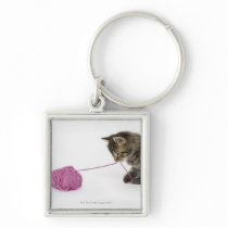 A young tabby kitten playing with a ball of keychain