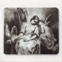 A Young Woman Dozing with an Angel Mouse Pad