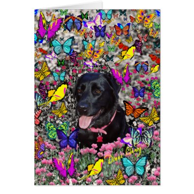 Abby in Butterflies Card - Black Labrador by dianeclancyart