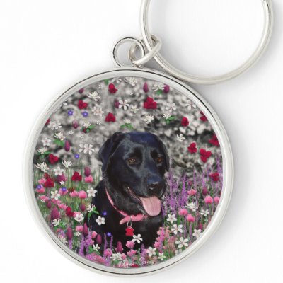 Abby in Flowers – Black Lab in Flowers Key Chain by DianeClancyAnimals