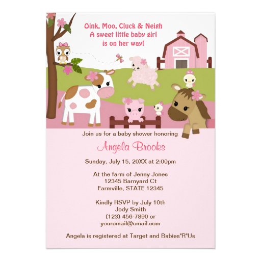 Abby's Farm Animal Baby Shower GIRL PINK AFC Personalized Invite