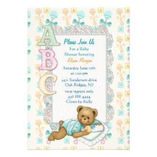 ABC Teddy Shower Invitation - Peach and Aqua