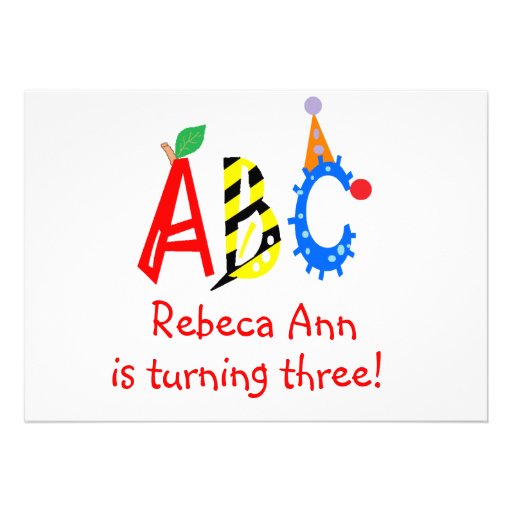 ABC Turning 3 Third Birthday Party Invitaitons Personalized Invitation (front side)