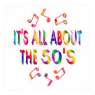 postcard - If the 1950s is the decade you love and remember, share how you feel with this colorful design with music notes and the words It's all about the 50's.