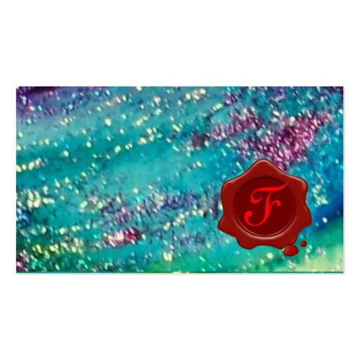 ABSTRACT AQUA BLUE TEAL GOLD SPARKLES,RED WAX SEAL BUSINESS CARD (back side)