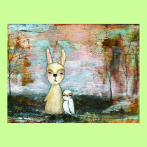 Abstract Art Woodland Rabbit and Owl Painting posters