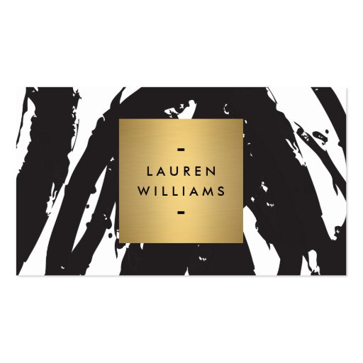 Abstract Black Brushstrokes with Gold Name Logo Business Card Template (front side)