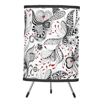 Abstract Black & Red Flowers & Hearts Pattern Tripod Lamp