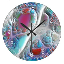 Abstract Blue & White Quilt - Pink & Cyan Fractal wall clocks