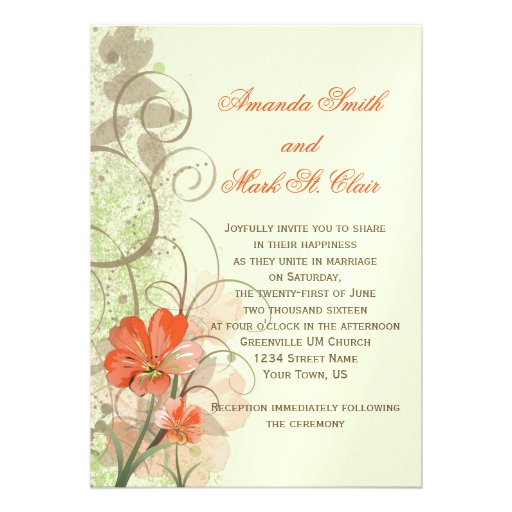 Abstract Coral Lime Flowers Swirls Wedding Invite