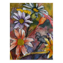 abstract daisy flowers watercolor painting art postcard