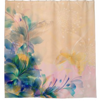 Abstract Floral Blue And Beige Shower Curtain