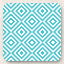 Abstract geometrical squares pattern, aqua white beverage coasters