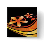 Abstract Green and Orange Flowers on Black Pinback Buttons