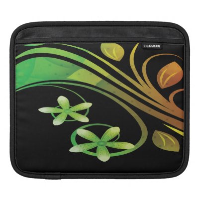 Abstract Green and Orange Flowers on Black Sleeves For Ipads by stationeryshop