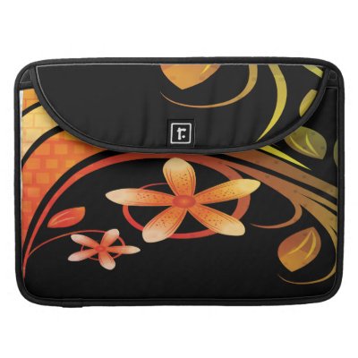Abstract Green and Orange Flowers on Black Sleeves For Macbooks by stationeryshop