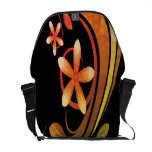 Abstract Green and Orange Flowers on Black Messenger Bags