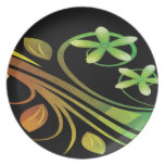 Abstract Green and Orange Flowers on Black Dinner Plate