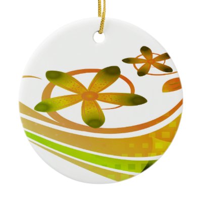 Abstract Green and Orange Flowers on White Christmas Tree Ornament by stationeryshop