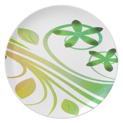 Abstract Green and Orange Flowers on White Plate by stationeryshop