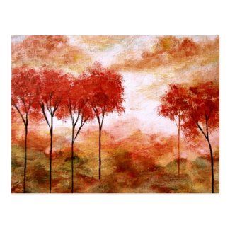 Abstract Landscape Art Red Skinny Trees Painting Post Card