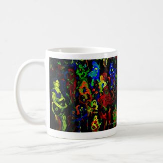 Abstract musician collage bright colours on black mug