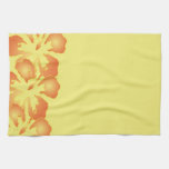 Abstract Orange Hibiscus Flowers on Yellow Kitchen Towels
