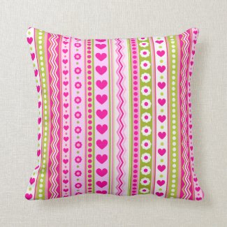 Abstract Pink green pattern + dots flowers hearts Throw Pillows
