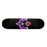 Abstract purple mask on black skate deck
